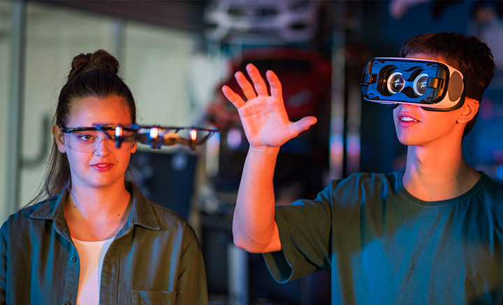 Students doing experiments with VR headset